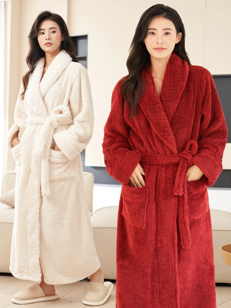 Thickened Long Coral Fleece Robe for Women Autumn Winter Plush Bathrobe Men's Sleepwear Ankle-Length Flannel Pajamas