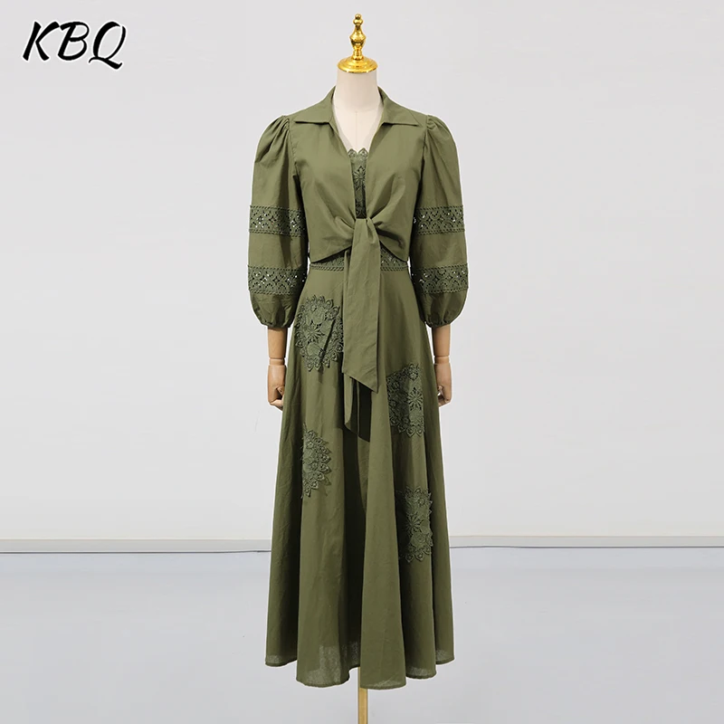 

KBQ Solid Two Piece Sets for Women Lapel Long Sleeve Coats Square Collar High Waist Hollow Out Camisole Dresses Chic Set Female