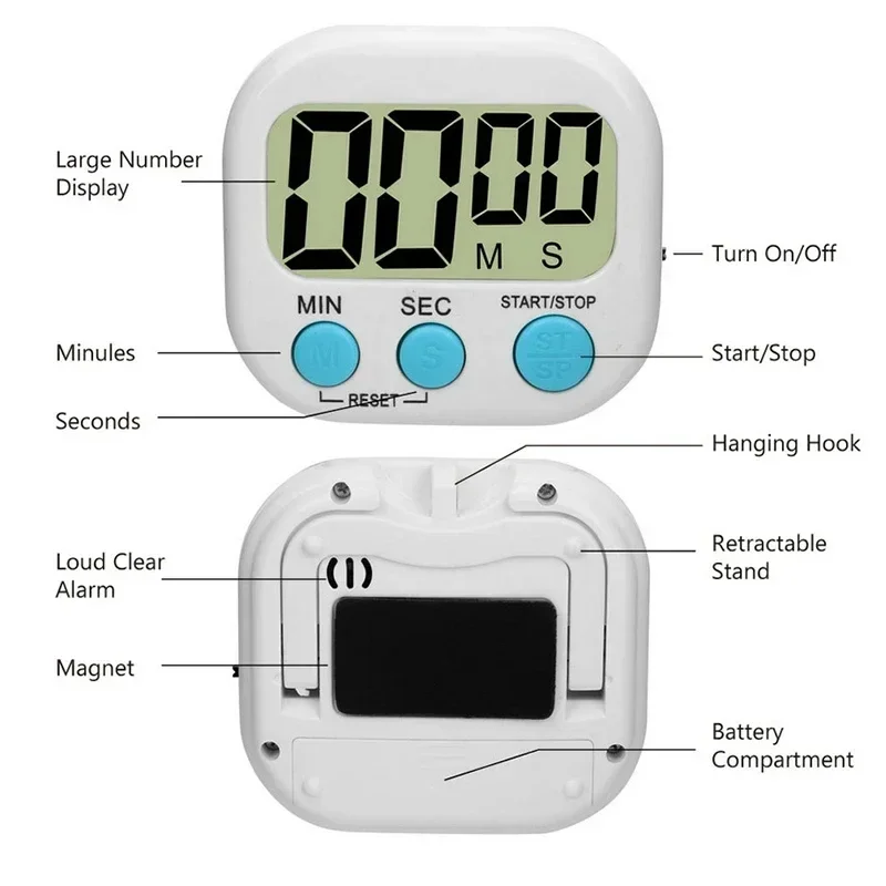 Mini Digital Kitchen Timer Big Digits Loud Alarm Magnetic Backing Stand with Large LCD Display for Cooking Baking Sports Games