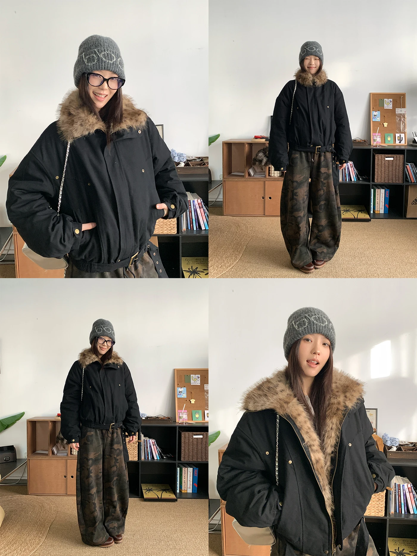 

Теплая утолщенная хлопковая куртка женская свободного кроя с меховым воротником, удобная для поездок на работу, черная, с наполнителем из полиэстера, длинная.