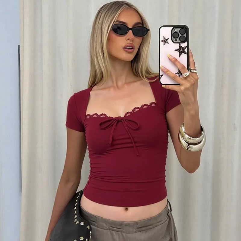Women's Summer Square Neck Short Sleeve Bow Lace Trim Fitted T-Shirt Y2K Gothic Style Crop Top Sexy Pullover Slim T-shirt