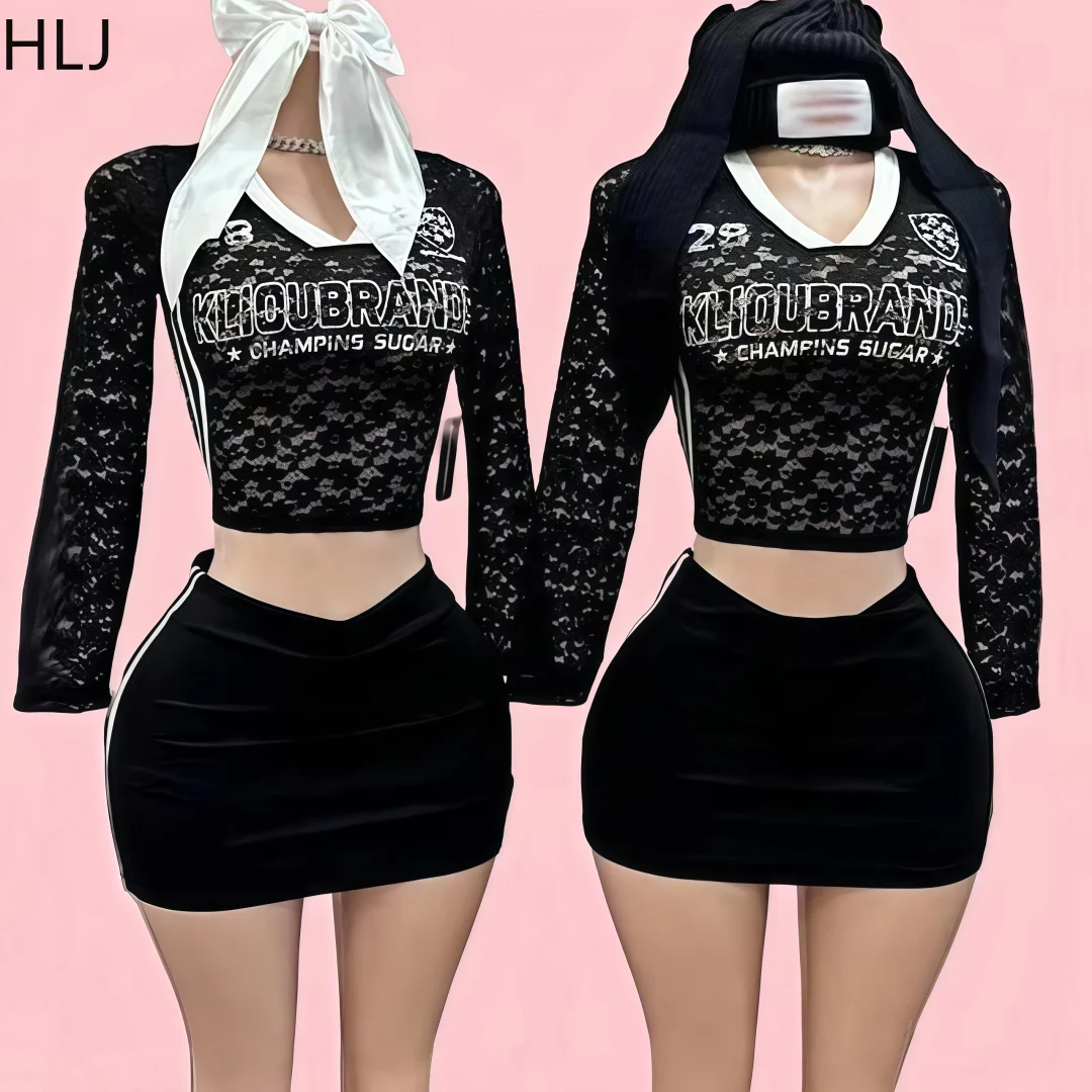 

HLJ&GG Fashion Y2K Lace See Though Print Two Piece Sets Women Long Sleeve Slim Top And Mini Skirts Outfits Spring Streetwear New