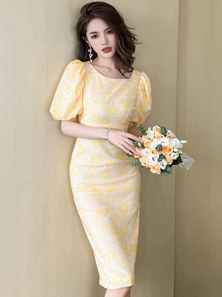 Vestido de noche de verano para Mujer, elegante, elegante, dulce, amarillo Floral, manga abullonada, ajustado, a la cadera, Midi, fiesta