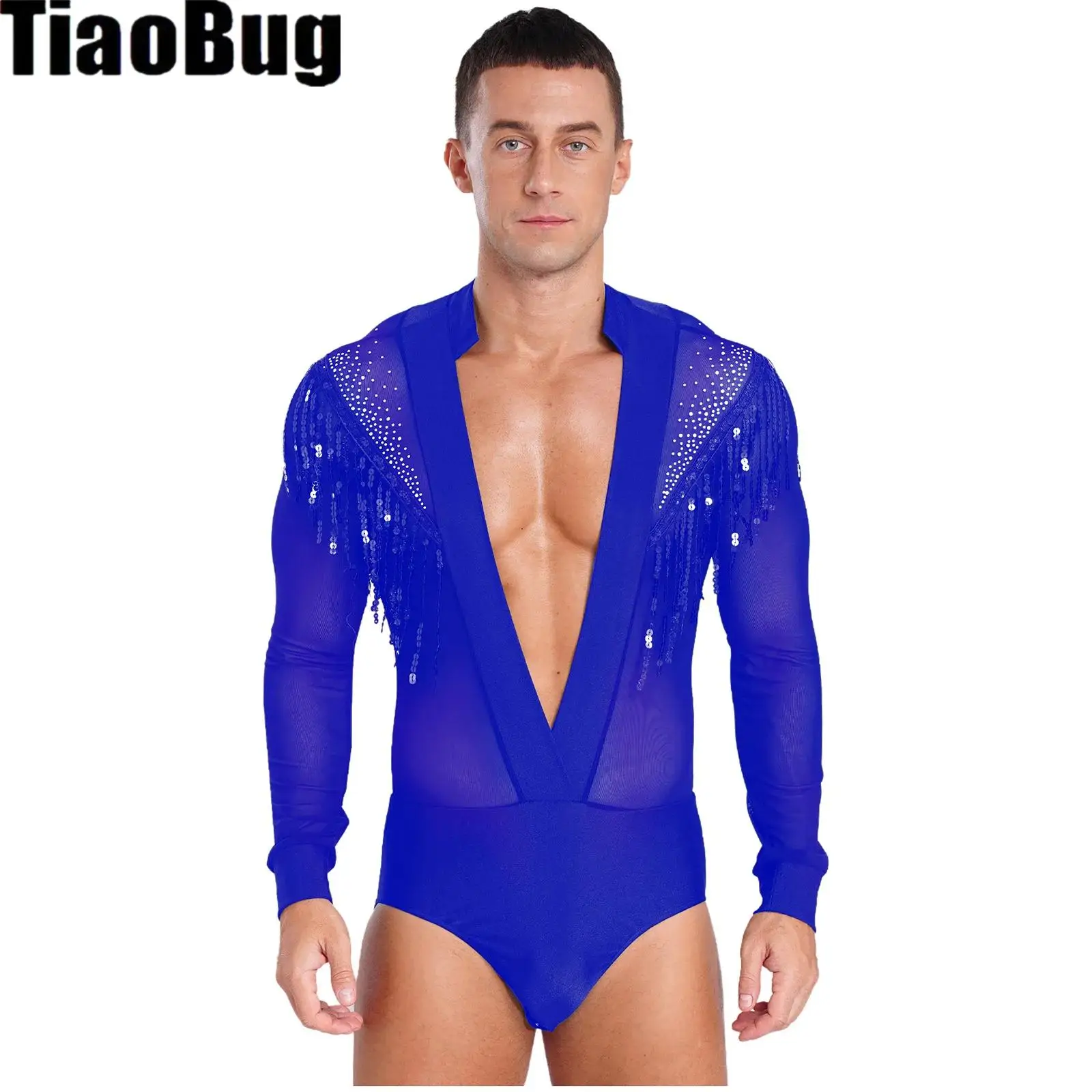 

Men Latin Dance Outfit Deep V-neck Long Sleeve Sequin Tassel Mesh Leotard Bodysuit Shirt Top And Pants Gymnastics Chacha Costume