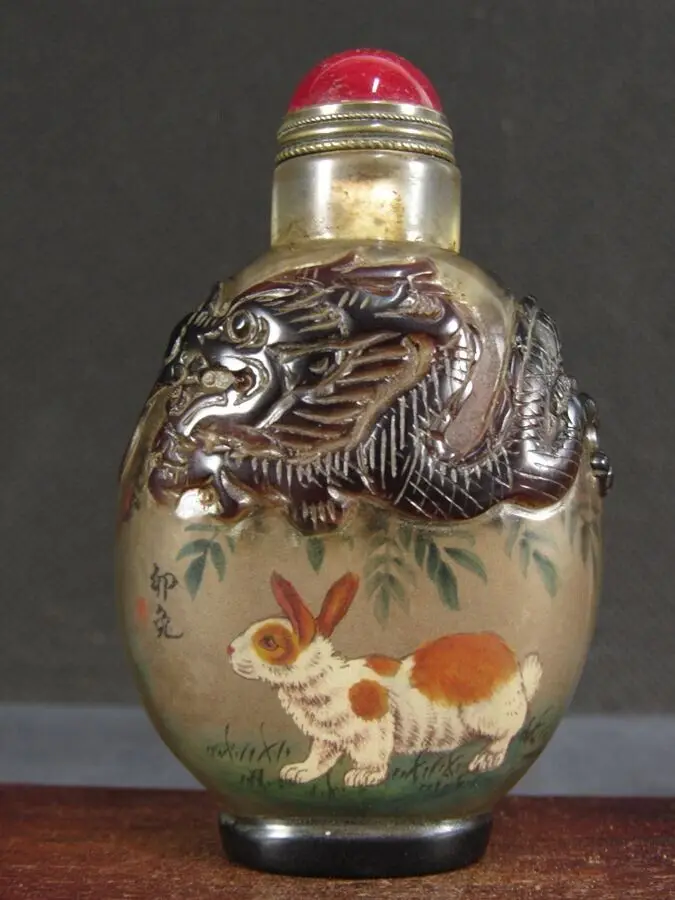 Chinese Tree Rabbit Inside Hand Painted Peking Glass Snuff Bottle