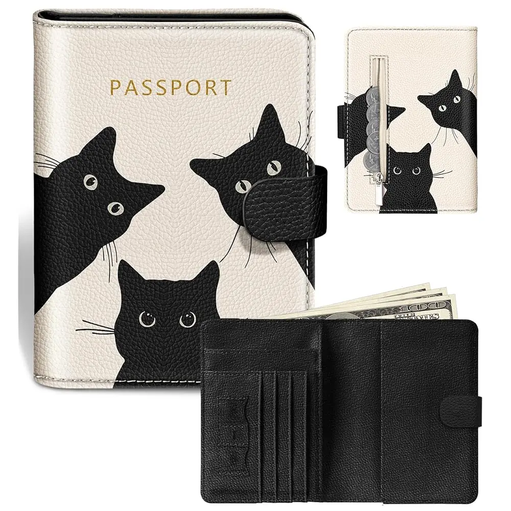 

Обложка-кошелек для паспорта для путешествий - женская и мужская, с RFID-защитой, для паспортной книжки, кремовая, с милым черным котом, из кожи