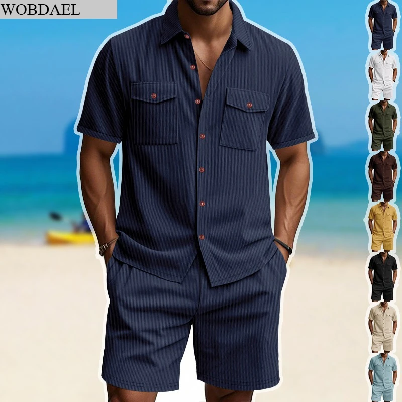 

WOBDAEL Mens 2 Piece Tracksuit Sets Short Sleeve Button Down Shirts and Loose Cargo Shorts Summer Travel Hiking Outfits Clothes
