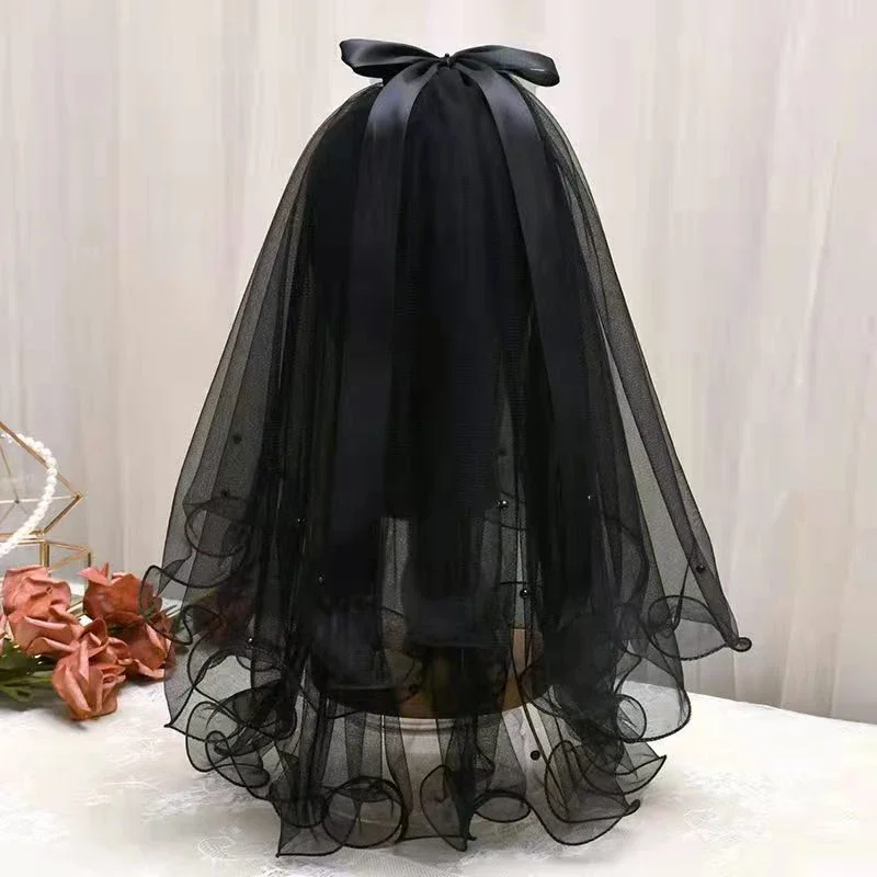 Velos de cabeza negros para novia, velo de encaje de malla de gasa de doble capa Vintage, accesorios de fiesta para mujeres y niñas, accesorios para fotos