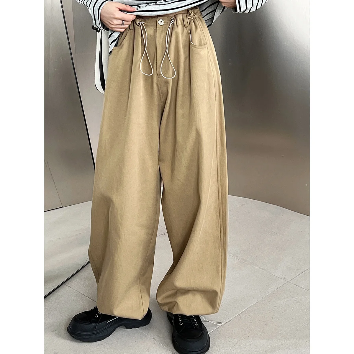 

SuperAen 2024 Summer Vintage Cotton Drawstring Elastic Waist Loose Wide Leg Casual Pants