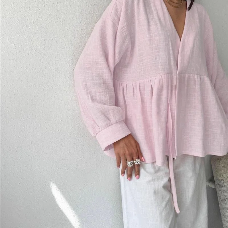 Ele Long Sve irt Avvolgente con lacci Slim Fit da donna irt Pure Color irt Sli Temperamento Longsved irt