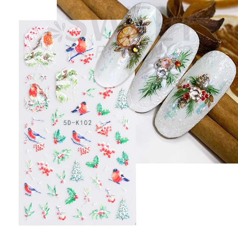 5D Embossed Christmas Nail Sticker Cartoon Gingerbread Santa Holly Snowflake Elk Bird Xmas Winter Slider Nail Decorations BE5D-K