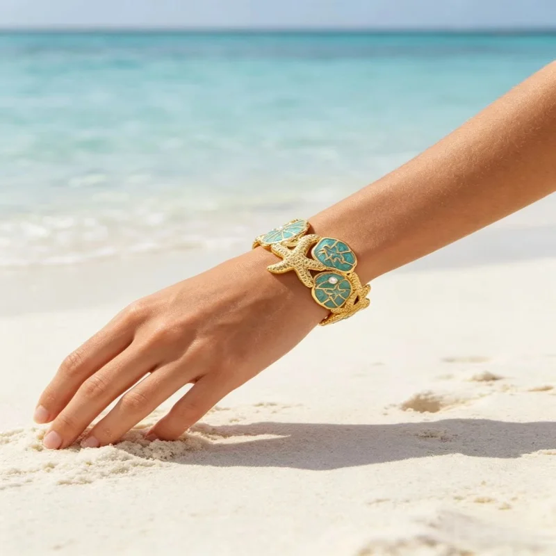 

Fashionable Ocean-Themed Starfish Shell Simulated Bead Metal Bracelet Elegant Ladies' Everyday Party Accessory Versatile Gift fo