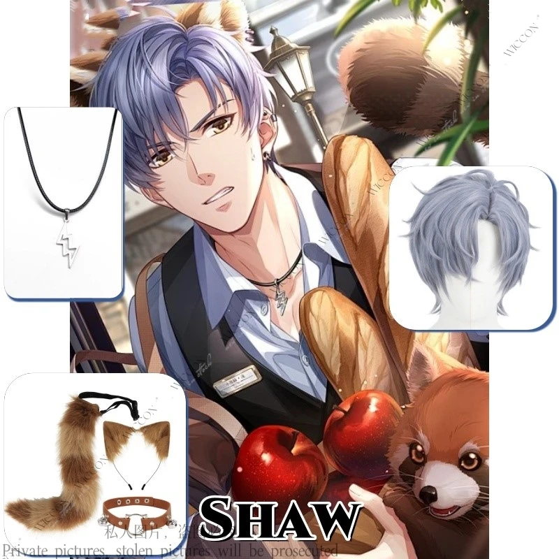 Shaw Anime Game EVOL×LOVE Cosplay Wig Earrings Tail Pendant Mr Love: Queen's Choice Ling Xiao Wig Men Short Blue Hair Halloween