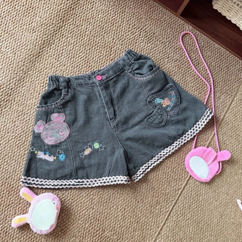 Japanese Vintage Gothic Lolita Denim Shorts Women Sweet Cartoon Bear Embroidery Short Pant Y2k Casual Pantalones Cortos De Mujer