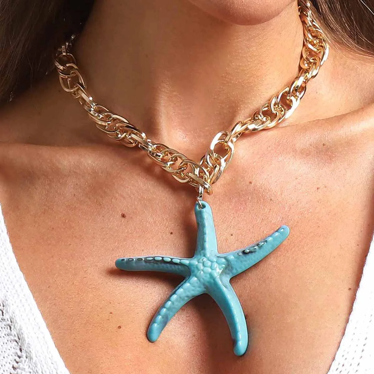 N13282 Bohemian Holiday Wind Starfish Pendant Necklace, Summer Beach Marine Biological Aluminum Chain Collarbone Chain