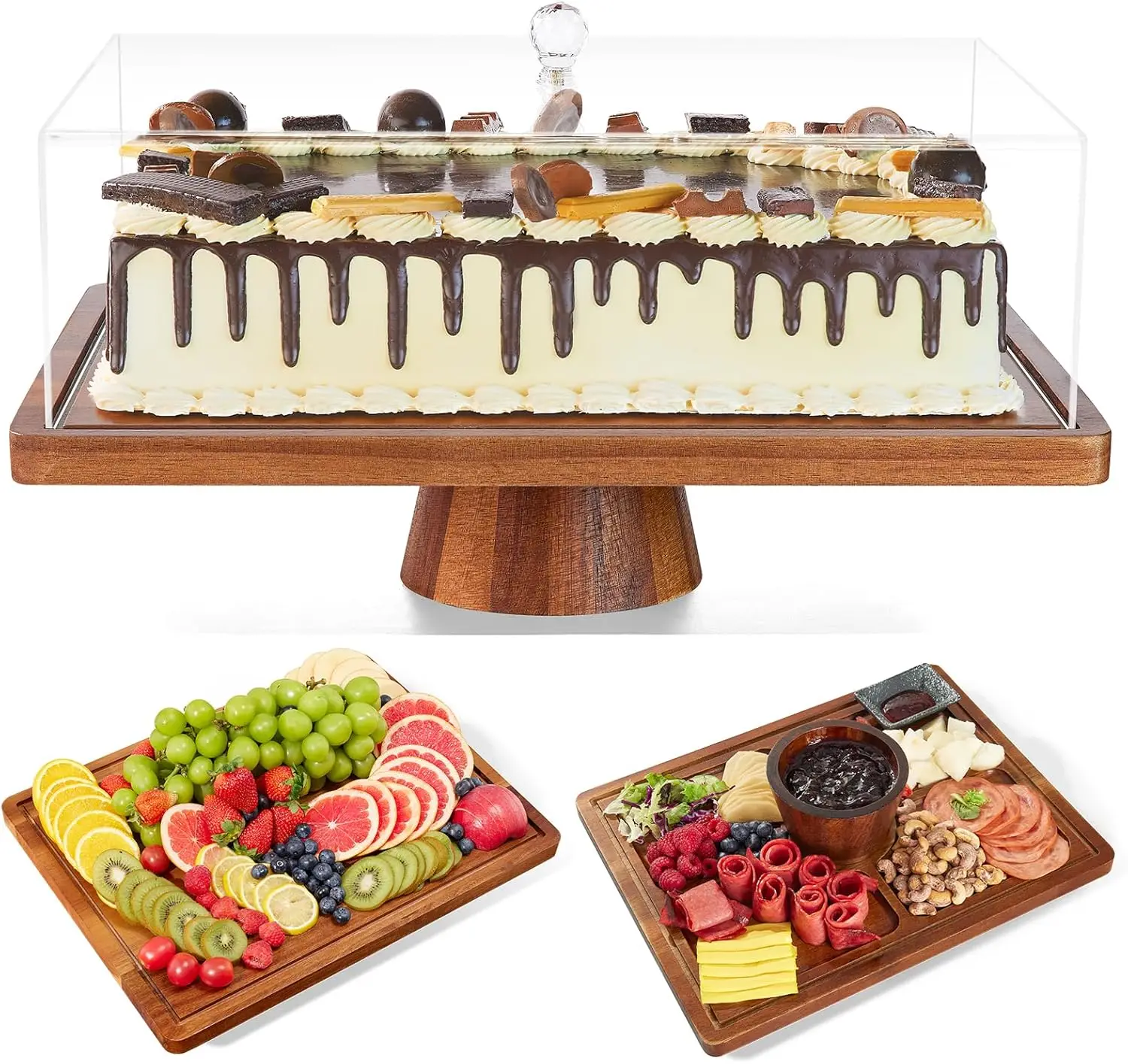 Soporte para tartas rectangular extra grande de 17" con tapa, juego de exhibición 2 en 1 y tablero para bombones, cúpula acrílica para postres