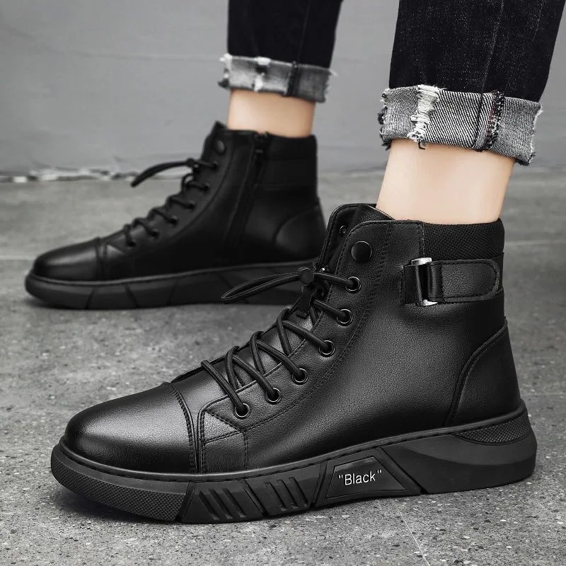 Men's High-Top Casual Leather Boots Trendy Board Shoes Fashionable British Style with Fleece for Warmth