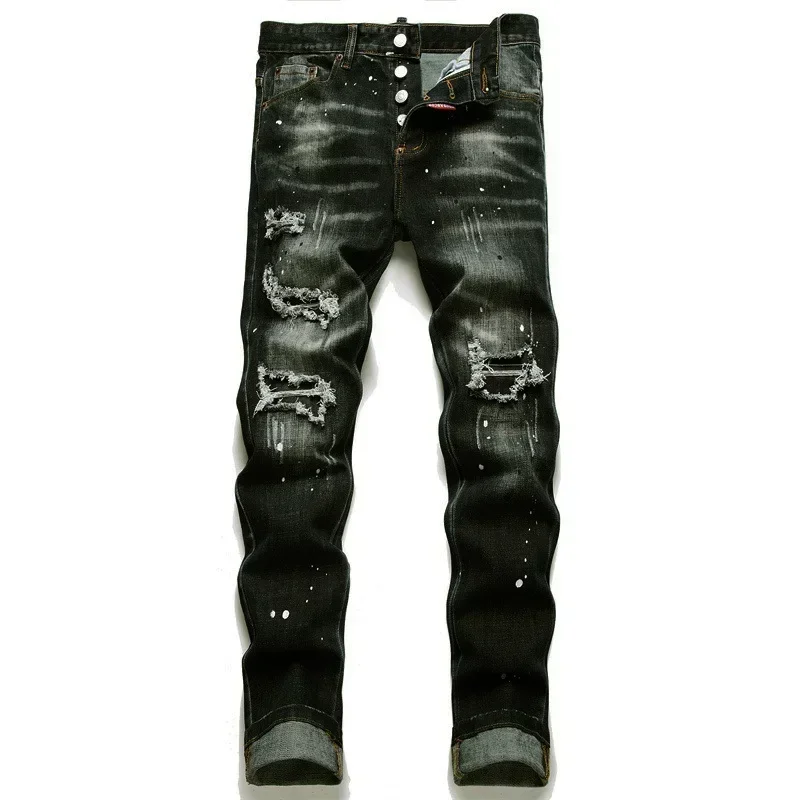

New Mens Stretch Skinny Jeans Luxury Brand Blue Denim Pants Quality Male Street Fashion Slim Fit Ripped Black Jeans Size 44-54
