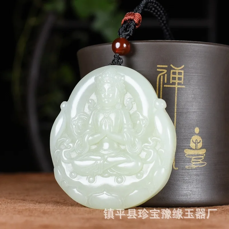 Hetian Natural White Two Hands in Prayer Guanyin Peace Amulet Double-Sided Jade Pendant