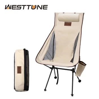 WESTTUNE 야외 접이식 달 의자, 머리 받침 포함, 경량 관광 의자, 알루미늄 합금 낚시 피크닉 야외 가구