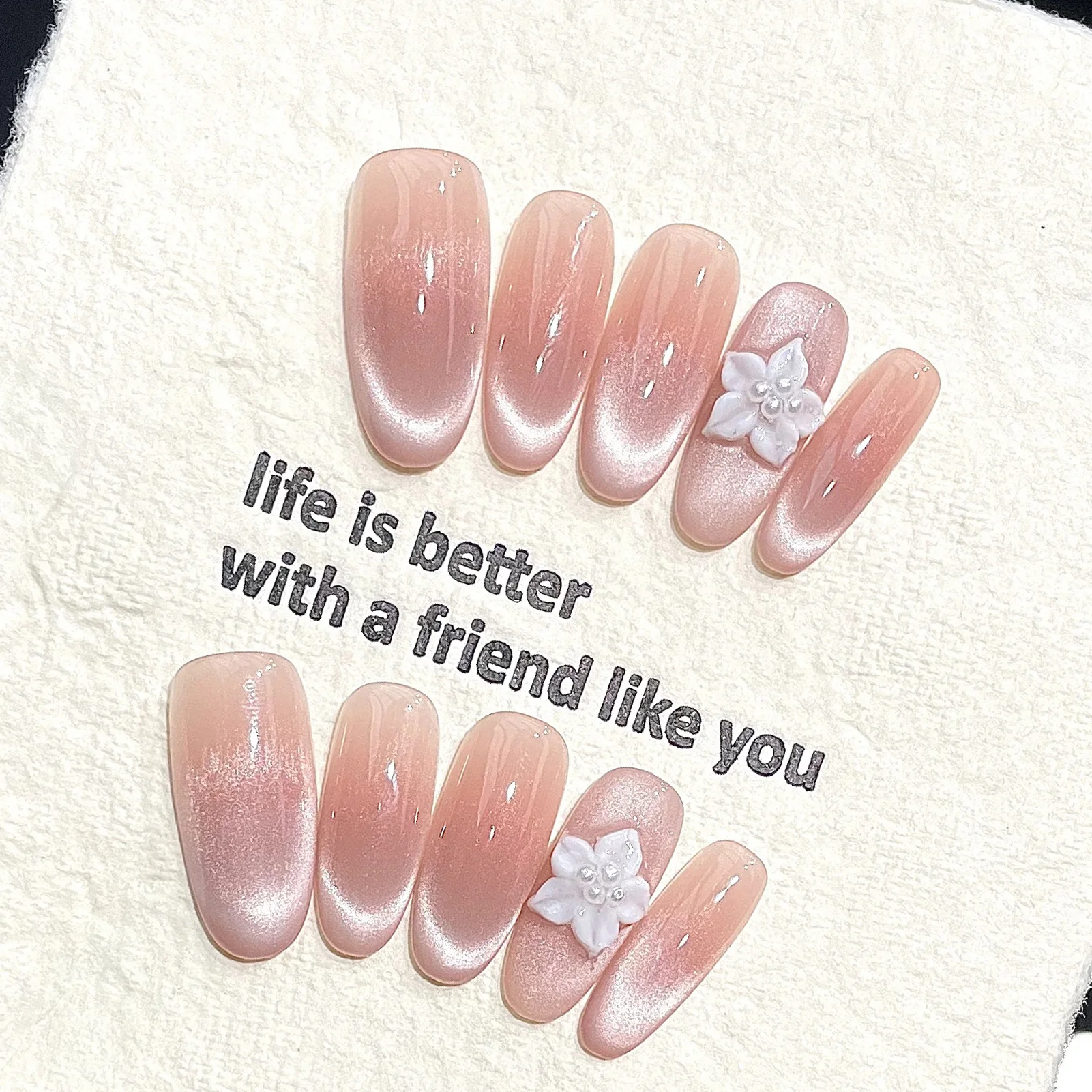 Handmade Ice Through Cat Eyes Fake Nails Long Oval Gradient False Nail Tip Press On Nails With 3D White Flowers Decor Wearable