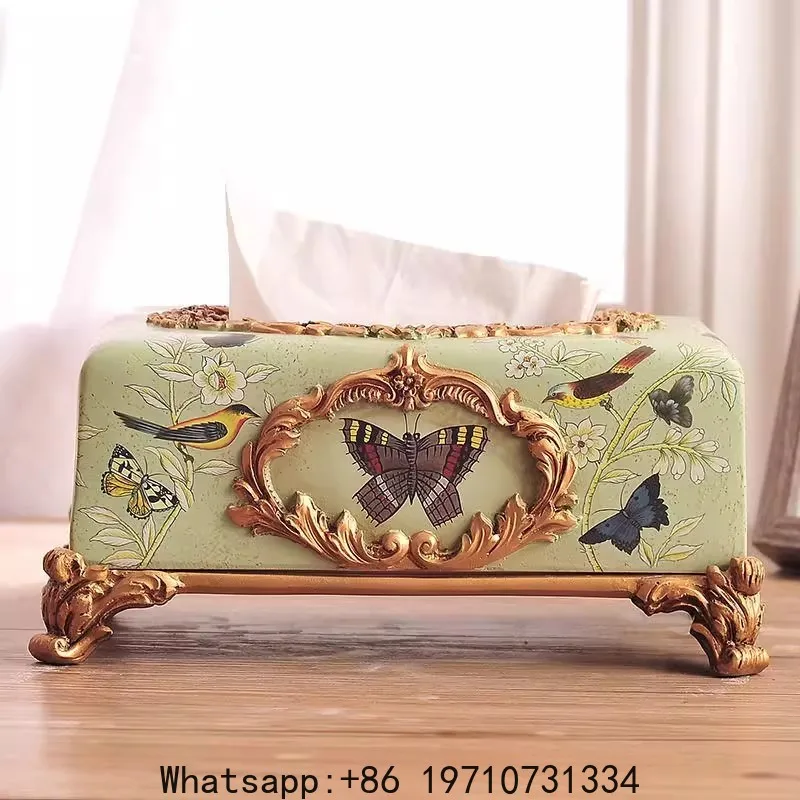 

Countryside Green Craft Flower and Bird Painted Tissue Box, Large Relief Paper Drawing Craft, Home Daily Decorati