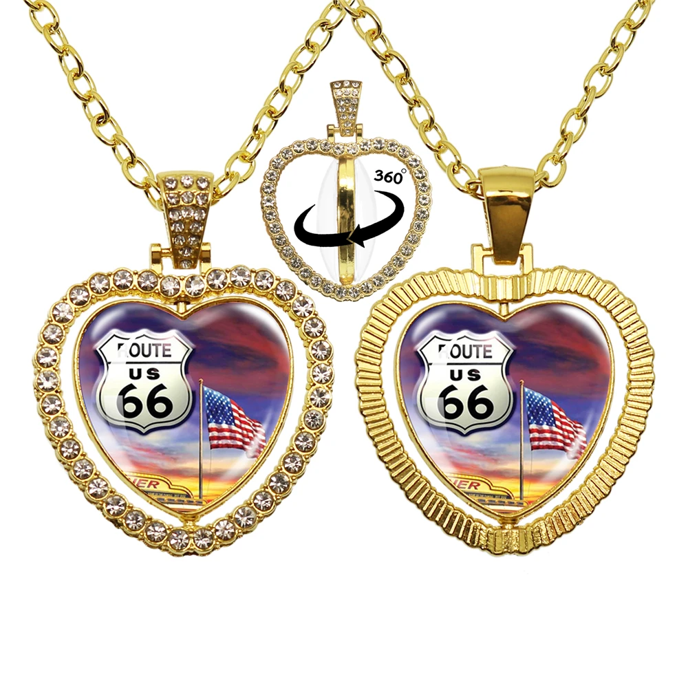 New Route 66 Motorcycle Car Double Sided Necklace 360 Degree Rotating Heart Shaped Pendant For Friends Gift Jewelry