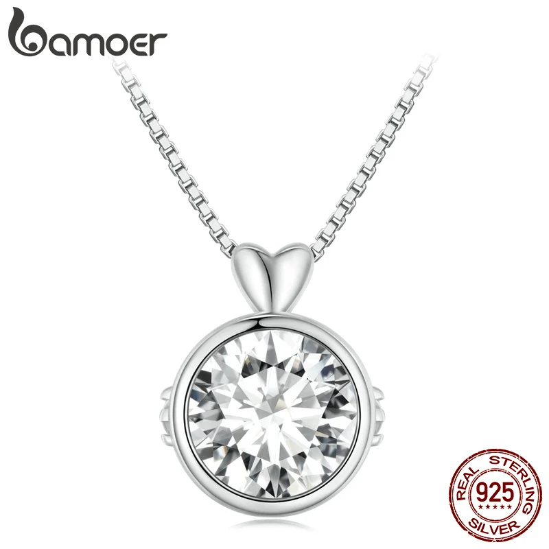 Bamoer 1.0CT Round Moissanite Pendant Necklace 925 Sterling Silver Little Heart Neck Chain For Women Wedding Engagement Jewelry