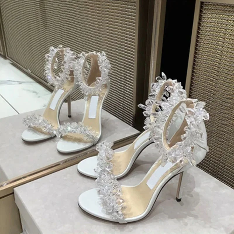 

High Heeled Sandals Women's Crystal Ice Flower New Summer Female White Luxury Wedding Shoes Rhinestone Stiletto Strap Sandals