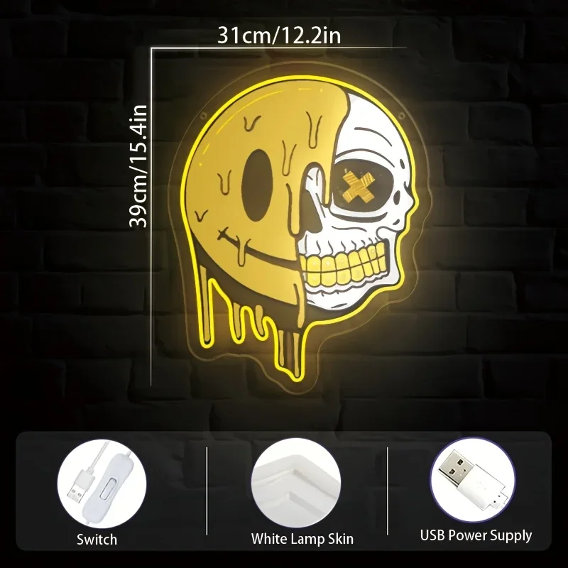 LED Neon Sign Smiling Skeleton Neon Light for Bedroom Livingroom Game Room Club Bar Man Cave Party Gifts Wall Decor USB Dimmable