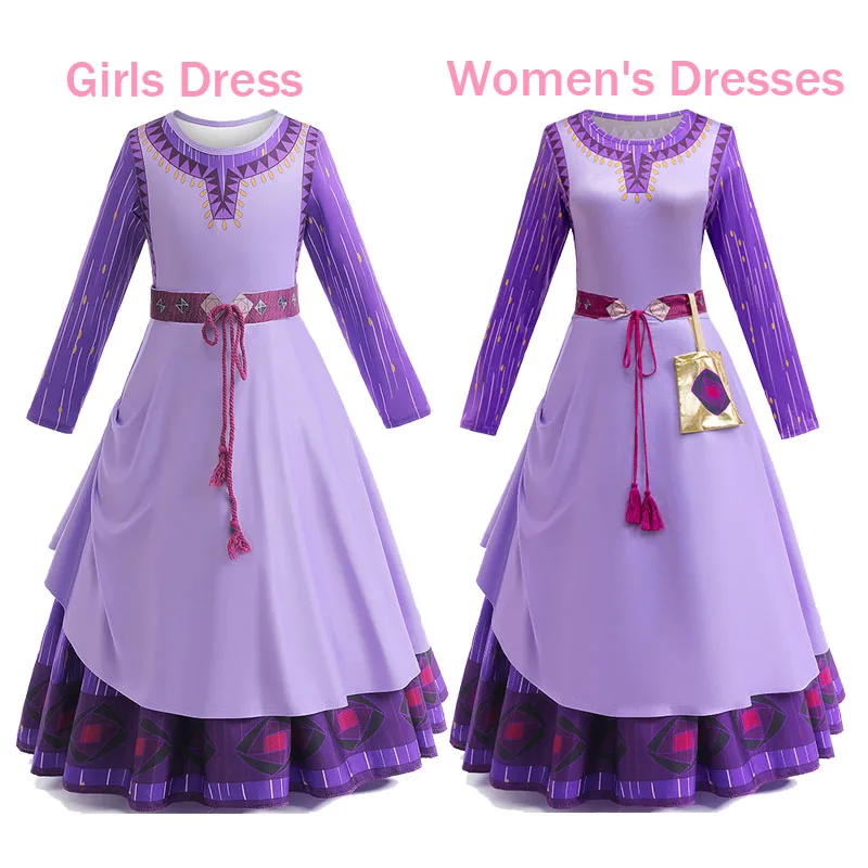 

New 2024 Girls Mom Dress Star Wishing Princess Asha Purple Dress Children Party Costume Dresses Up Family Matching Outfits