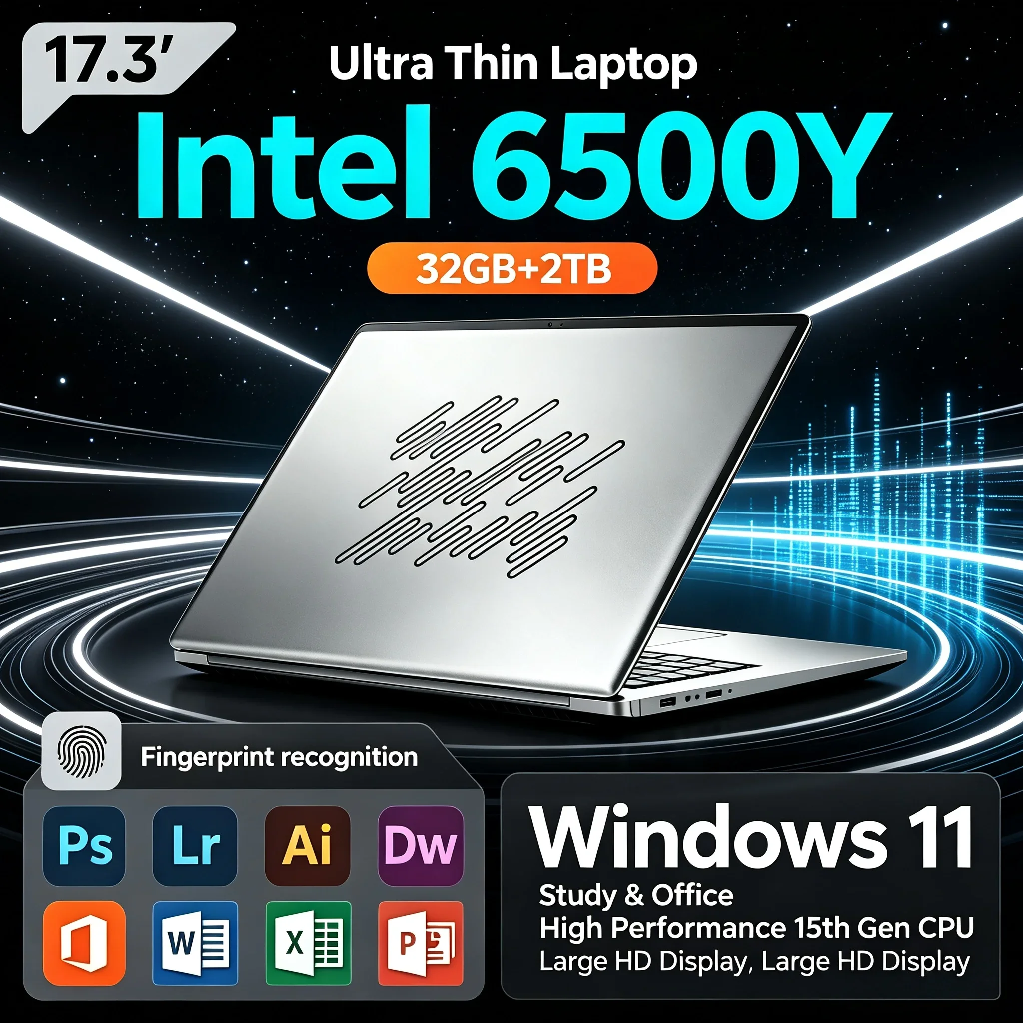 17.3'' Inch HD Notebook Intel 6500Y 32GB RAM 1TB 2TB SSD Win11 WiFi6 BT5.2 Portable Large Screen Laptop For Office Work Study