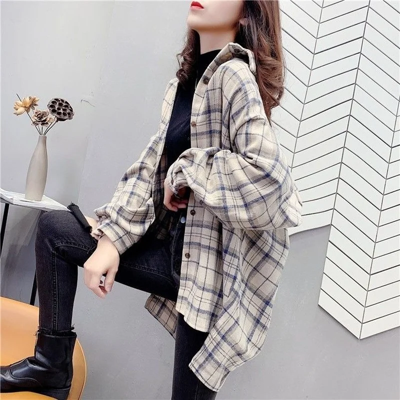 Awen Plaid Shirts Womens Blouses And Tops Long Sleeve loose oversized Female Casual Shirts Korean Cotton Checked Lady Outwear