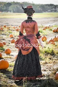 Dark Orange and Black Gothic Prom Occasion Dresses with Long Sleeve Ruched Skirt Historique Victorian Bustle Evening Gown