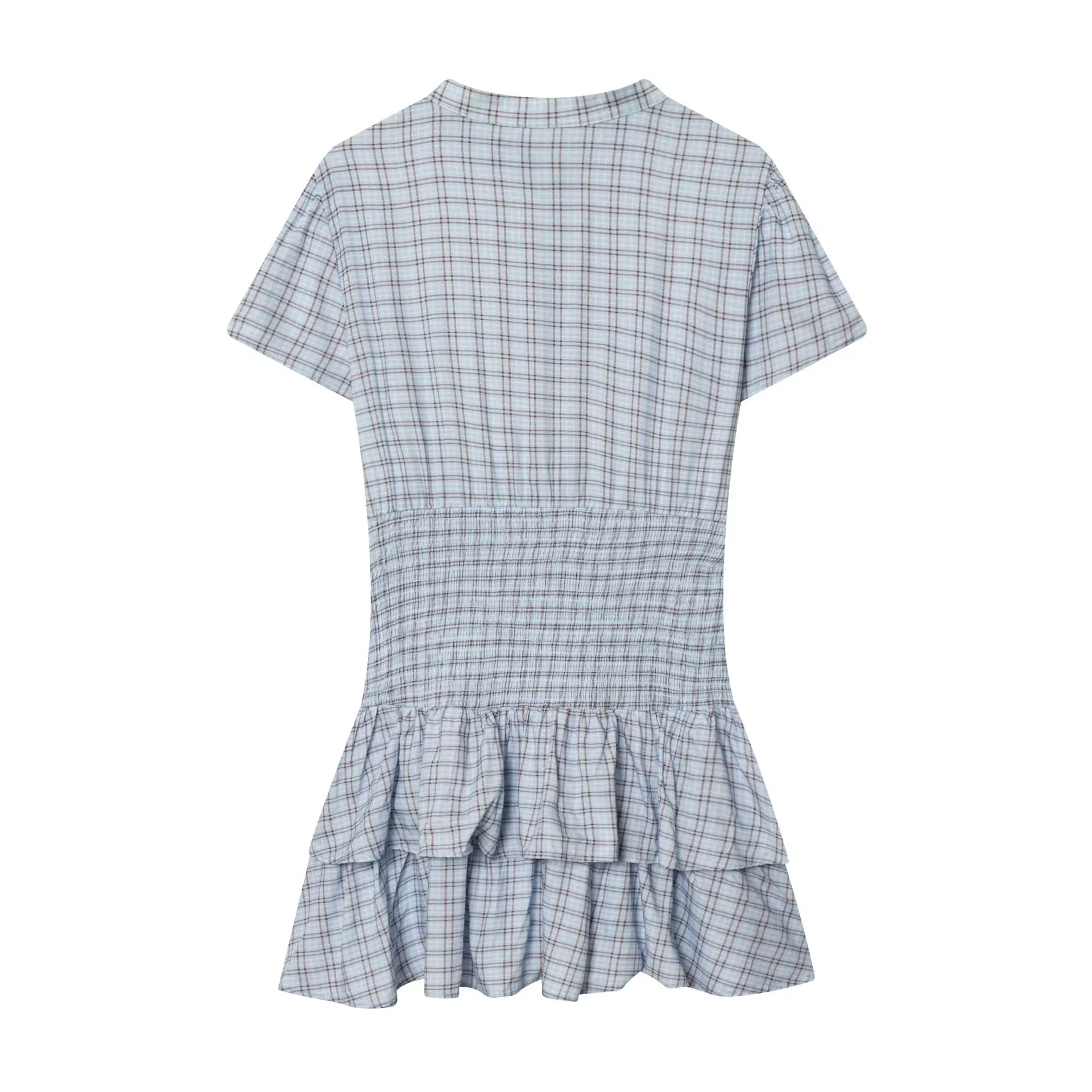 Women's Fashionable Elegant Waist-Cinching Plaid Layered Short Dress Light Blue Plaid Mini Dress With Ruffled Ruffle Hem V99Y