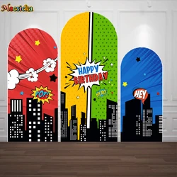 Superhero Birthday Arch Cover Background for boy Cartoon Comic City Building Double Sided Backdrop Photozone Studio Photoshoot