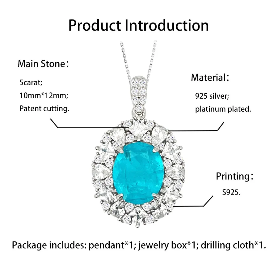 ForHer 100% 925 Sterling Silver 10*12mm Oval Synthetic Paraiba Luxury Pendant Necklace For Women Party Fine Jewelry Gifts