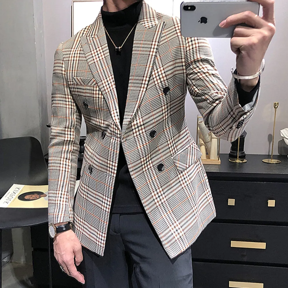 Men\'s Tuxedos New Arrival Plaid Casual Double Breasted Slim Fit Blazer Mens Suit (Only Jacket)