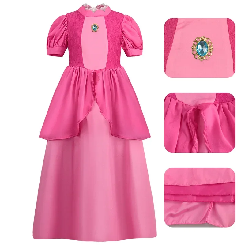 Children Adult Anime Princess Peach Toadstool Cosplay Costume Lace Patchwork Puffy Sleeve Dress Halloween Comic-Con Women Outfit