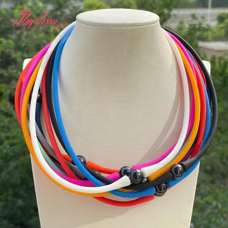 10mm Round Black Freshwater Pearl Multicolor Silicone Sports Casual Waterproof Power Jewelry Women Men Necklace Bracelet  1 Set