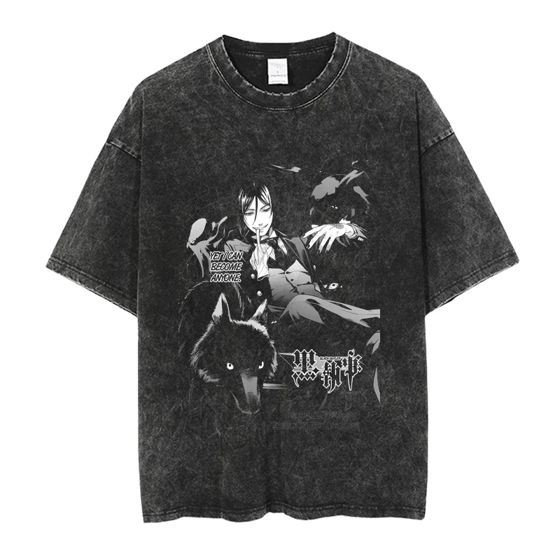 أنيمي الأسود بتلر ميكايليس سيباستيان كول طباعة المحملة الرجال النساء مانغا القطن بلايز خمر غسلها المحملة Harajuku الذكور تي شيرت