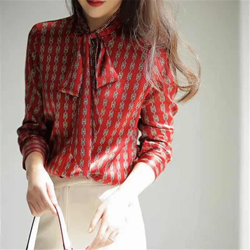 Spring Autumn Sense Of Design Shirt Women 2024 New Fashion Loose Casual Tops Printing Wine Red Temperament Shirts Blouse Female