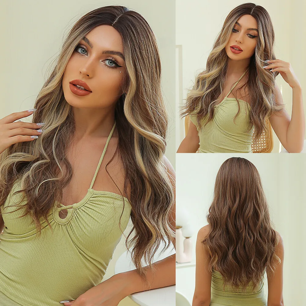 

US Long Wavy Brown Blonde Mix Fiber Hair Wigs Women Natural Party Wigs Daily Use