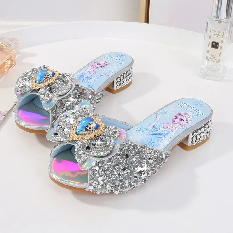 Sandales d'été à paillettes pour filles, pantoufles à la mode, chaussures à talons hauts pour enfants, robe de soirée Elsa, pantoufles en cuir pour filles