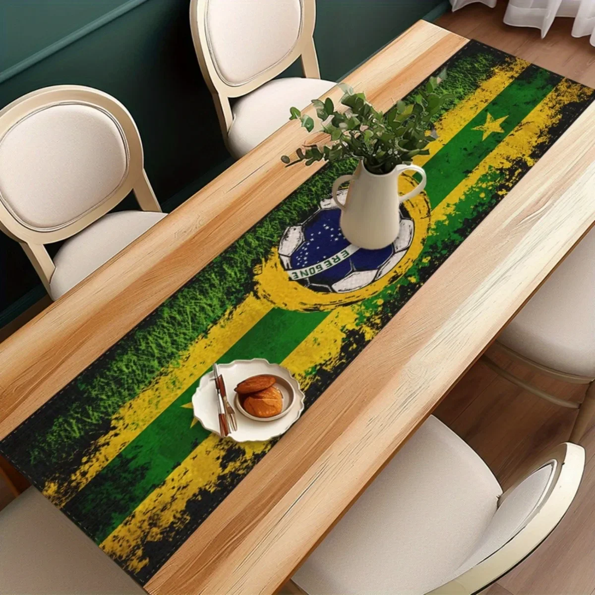 Brazil Soccer Table Runner Multiple Sizes 2D Print Green Yellow Star Field Theme Durable Polyester Woven Home Party Sports Bar