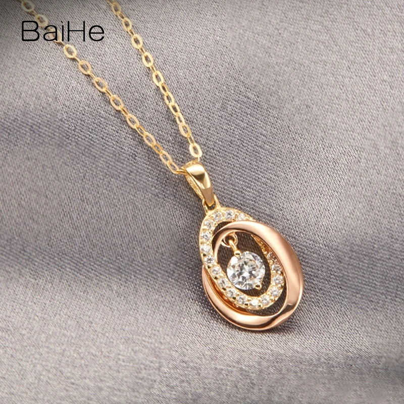 BAIHE Solid 14K Yellow+Rose Gold H/SI Natural Diamond Sweet Pendant Necklace For Women Wedding Fine Jewelry Halskette Collier