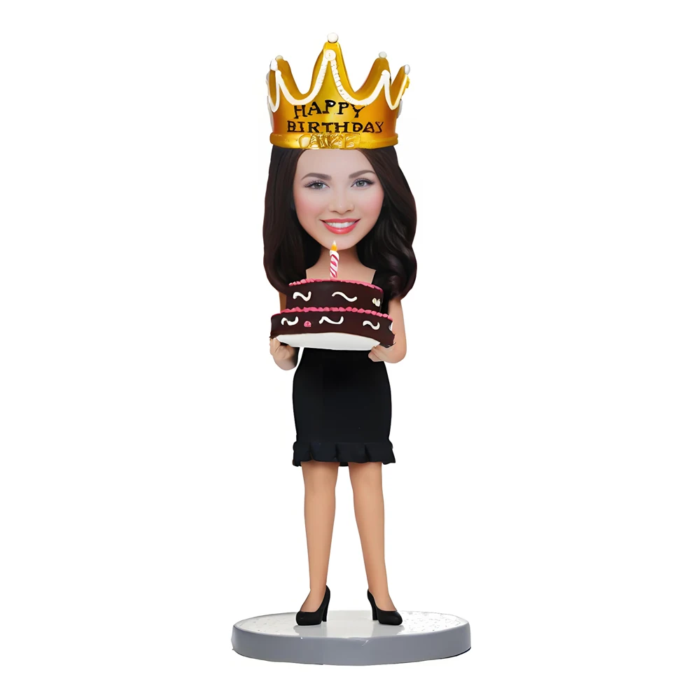 

Birthday Celebration Custom Bobblehead Figure, Black Dress with Crown, Cake Topper Polymer Clay Dolls