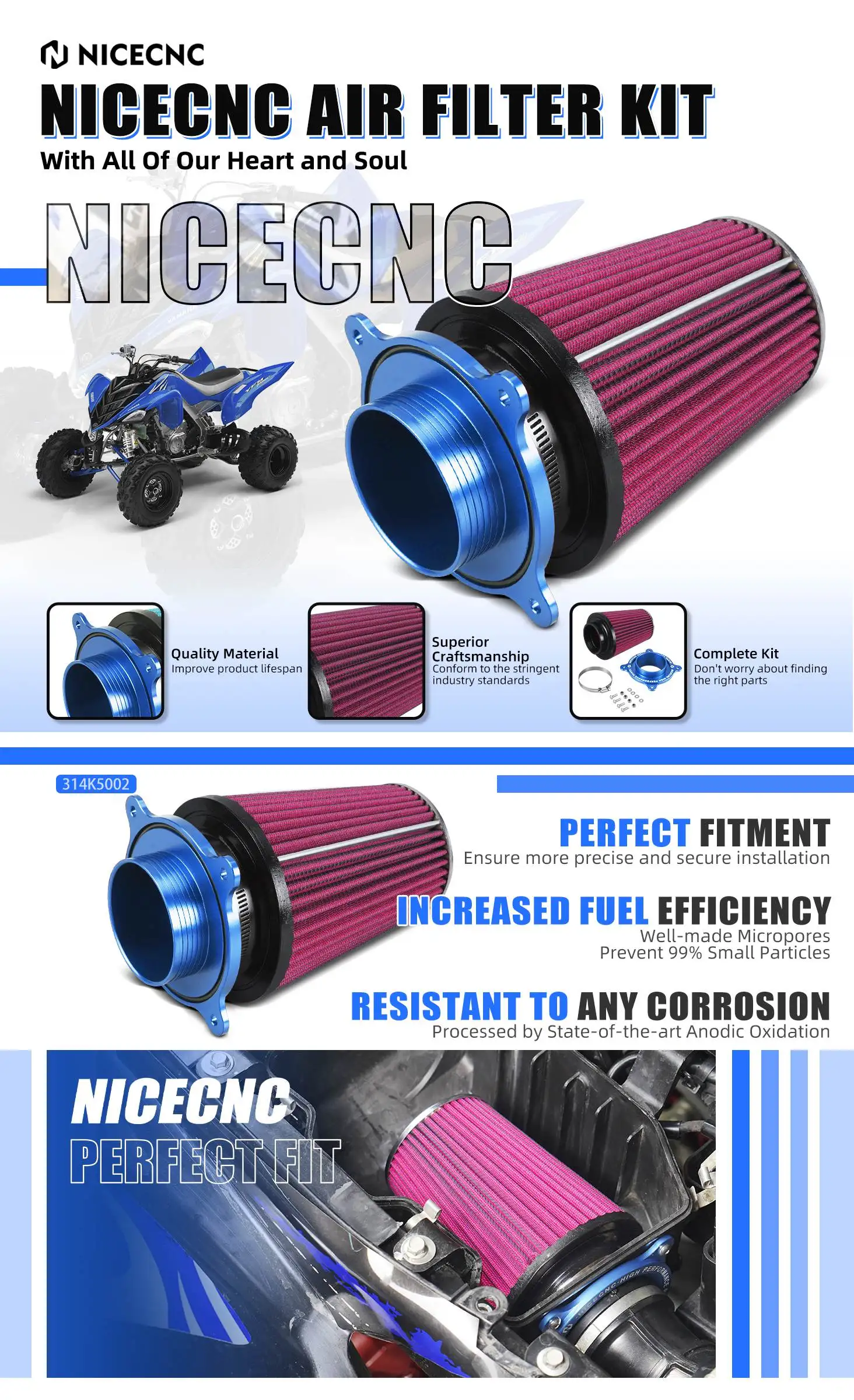 NICECNC Für Yamaha Raptor 700 700R 2006-2026 Luftfilter-Ansaug- und Schnittstellen-Kit Hochleistungs-Waschbares Aluminium ATV-Zubehör – Detail 1