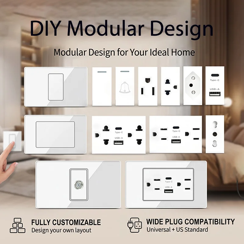 118*75 Tempered Glass DIY Modular Wall Plate 2x4 inch NEMA 5-15R Duplex Outlet Combination with US/EU/Italy/Chile Socket Modules