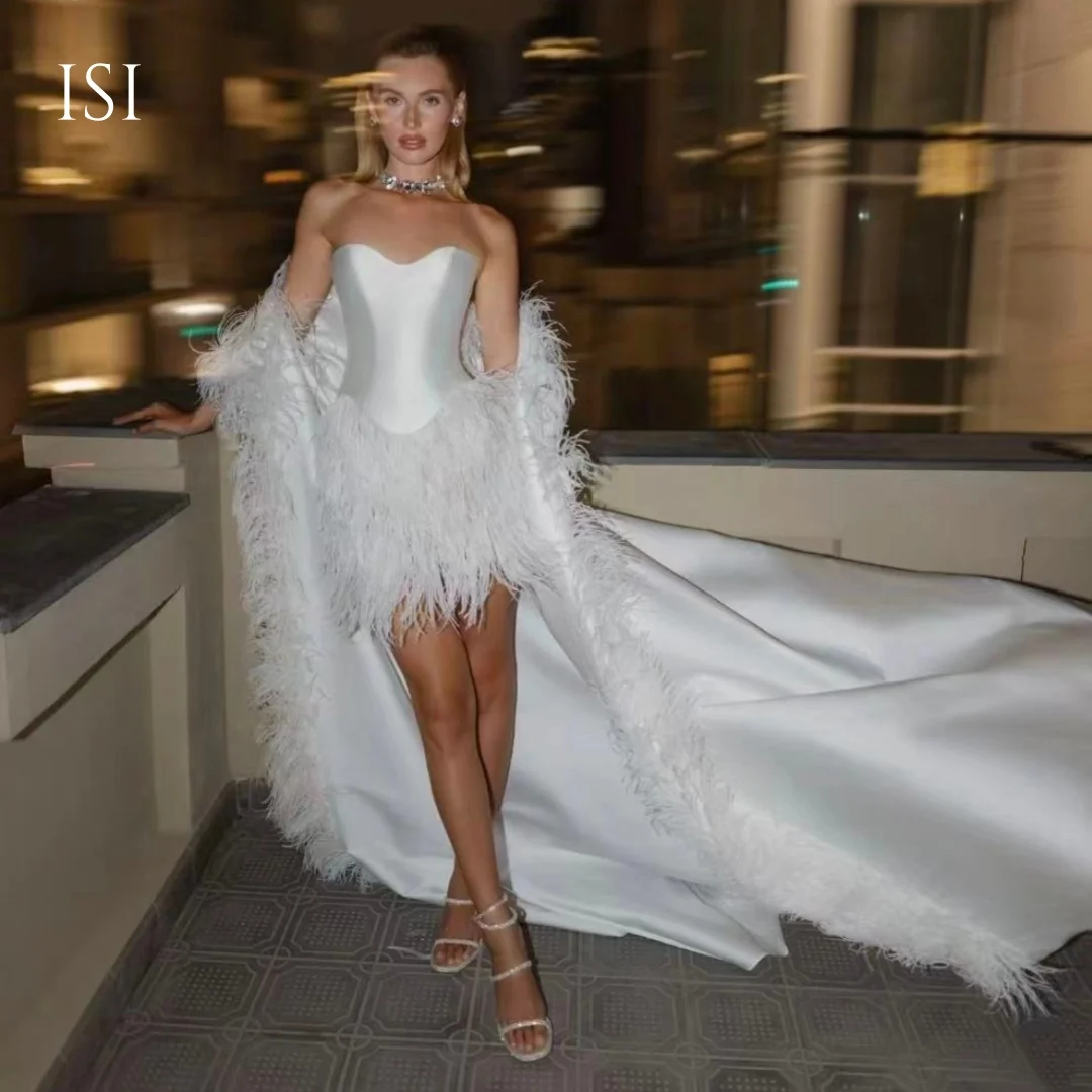 ISI Customized Exquisite Feathers Mini Wedding Dress with Jacket Sweetheart Celebration Dresses Bridal Gown Vestido De Novia